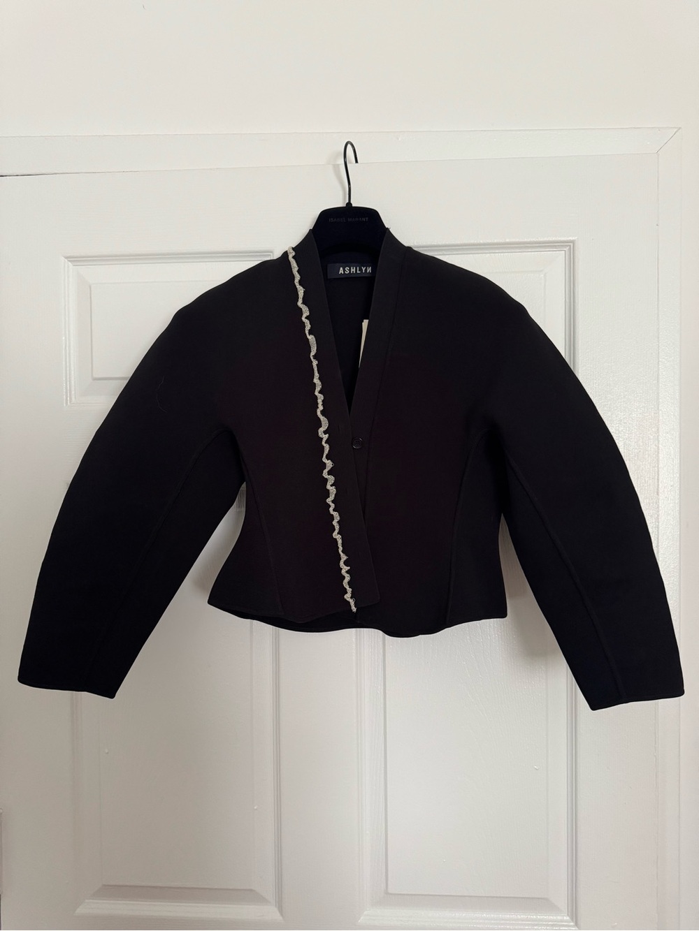 Black Cropped Blazer with Cream Ruffle Trim